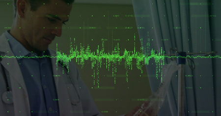 Image of financial graphs over caucasian male doctor with senior patient. health, medicine, finance and economy concept digitally generated image.の写真素材