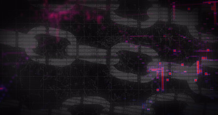 Image of data processing over black background. Global technology and digital interface concept digitally generated image.の写真素材