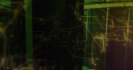 Image of data processing over server room. Global technology and digital interface concept digitally generated image.の写真素材