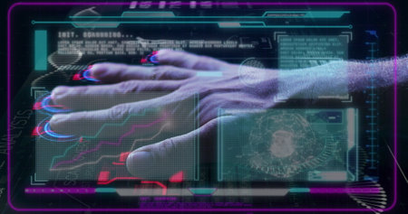 Image of data processing and hand on black background. Global business and digital interface concept...