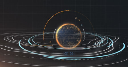 Image of rotating circles over data processing in green and black space. Global communication image...