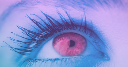 Image of caucasian female eye with business data processing on digital interface in foreground. Digital composite, multiple exposure, technology, analysis, finance, cloud computing, futuristic.の写真素材