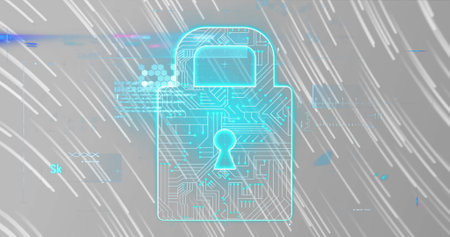 Image of data processing over security padlock icon against light trails on grey background. Cyber...