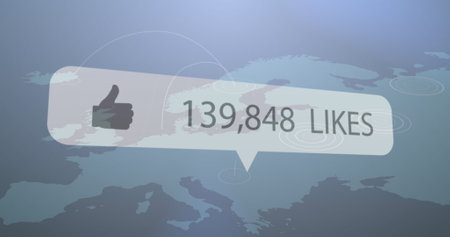 Image of speech bubble with number of like increasing over network connection with world map....