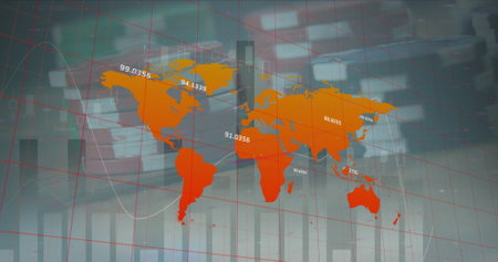 Image of statistical data processing over world map against poker chips ad playing cards. Gambling and business data technology conceptの写真素材