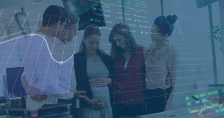 Image of financial data processing over diverse colleagues talking to pregnant woman at office....