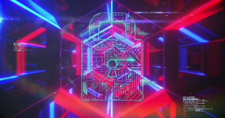 Image of security padlock icon over neon glowing tunnel in seamless pattern. Cyber security and business technology conceptの写真素材