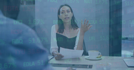 Image of financial data processing over diverse business people in office. Global business, finance,...