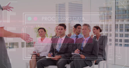 Image of financial data processing over diverse business people in office. Global business, finance, computing and data processing concept digitally generated image.の写真素材