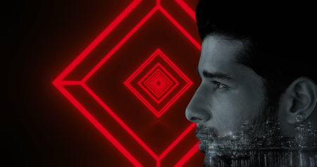 Image of cityscape over biracial man face against neon red hexagonal tunnel in seamless pattern. Global networking and business technology conceptの写真素材