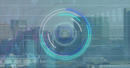 Image of scope scanning and data processing over cityscape. Global business and digital interface concept digitally generated image.の写真素材