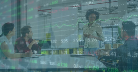 Image of financial data processing over african american woman giving a presentation at office....