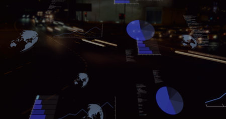 Image of network of connections and data processing over integrated circuit and world map. Global...