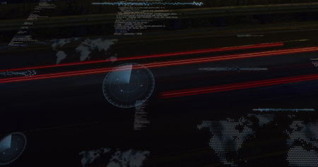 Image of glitch technique over maps, radars and computer language against black background. Digitally generated, hologram, illustration, sonar, global, distortion, coding and technology concept.の写真素材