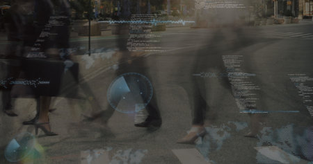 Image of round scanners and data processing against time-lapse of people walking on the street. Computer interface and business technology conceptの写真素材