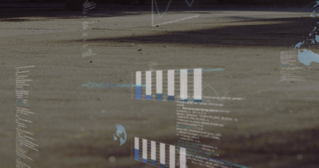 Image of graphs, globes and computer language over low section of people walking on street. Digital composite, multiple exposure, report, business, globalization, coding and technology concept.の写真素材