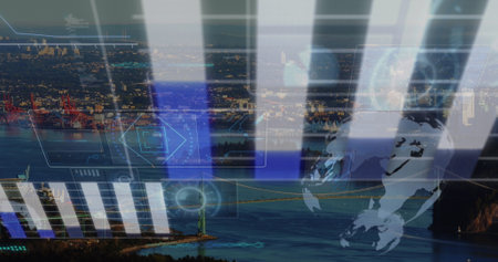 Image of round scanners and data processing against aerial view of cityscape. Computer interface and...