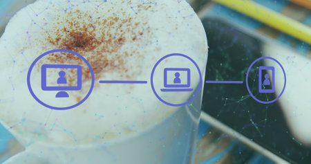 Image of network of digital icons over pencil, smartphone and coffee cup on wooden surface. Global networking and business technology conceptの写真素材