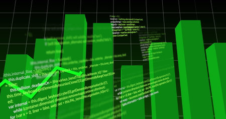 Image of green line and financial data processing over dark background. Global business, finances,...