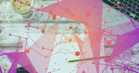 Image of plexus networks against close up of coffee cup and laptop on wooden surface. Global...