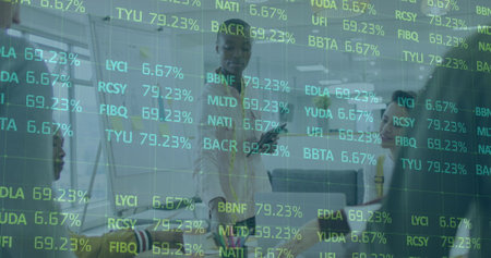 Image of financial data processing over diverse business people in office. Global business,...