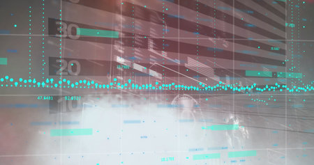 Image of financial and statistical data processing over world map against grey background. Global...