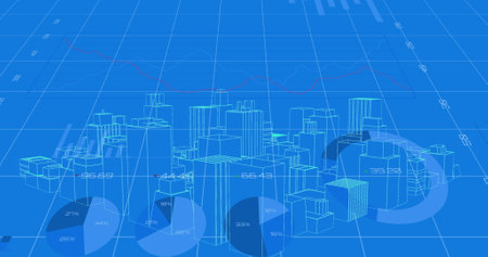 Image of digital city over data processing on blue background. global technology, computing and digital interface concept digitally generated image.の写真素材