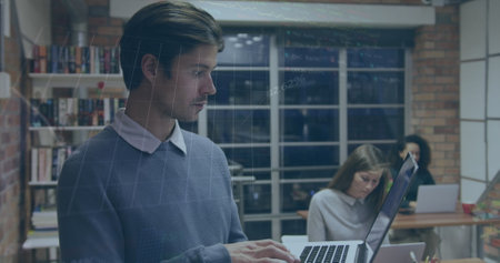 Image of financial data processing over business people working in office. Global business, finance,...