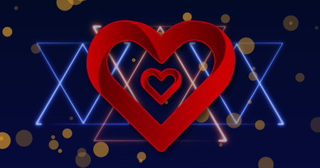 Image of red heart icon over neon light trails and yellow spots against blue background. Valentines...