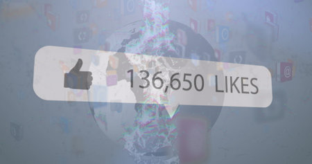 Image of speech bubble with number of like increasing over globe, logos over blue backgrounds....