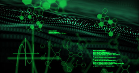 Image of shapes moving over data processing. Abstract background and digital interface concept digitally generated image.の写真素材