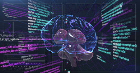 Image of data processing over human brain on digital interface. Digital composite, artificial intelligence, biotechnology, coding, cloud computing, development.の写真素材