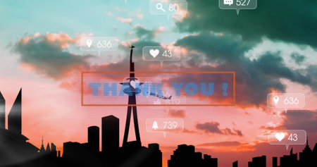 Image of thank you text and media icons over cityscape. social media and communication interface...
