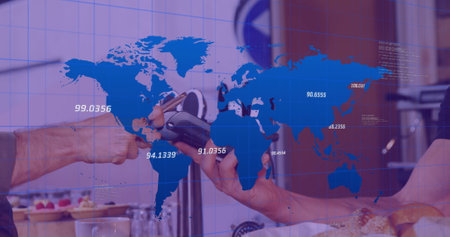 Image of data processing and world map over diverse people paying with smartphone. global finances,...
