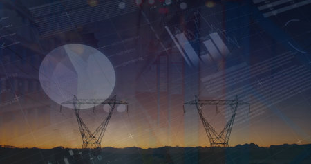Image of graphs and financial data over electricity poles at sunset. business, finance, economy and...