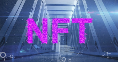 Pink nft text and networks moving over computer server room. Non fungible tokens, cryptocurrency, financial data and digital interface technology, digitally generated image.の写真素材