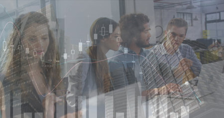 Image of finance data over group of diverse businesspeople working with technology in office....