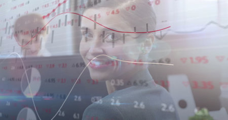 Image of financial data processing over caucasian businesswoman using smartphone in office. Global...