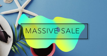 Image of massive sale text and stains over memorabilia. Social media and travel concept, digitally...