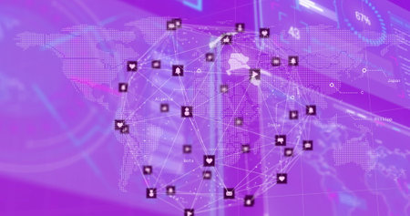 Image of globe with connections and data processing over purple background. Global business, finances, computing and data processing concept digitally generated image.の写真素材