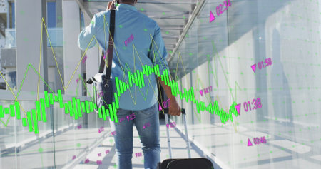 Image of graphs and changing numbers, biracial man walking with trolley bag talking on cellphone....