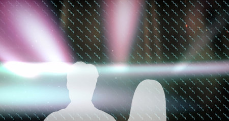 Image of shapes moving over silhouette of couple. Social media and digital interface concept...