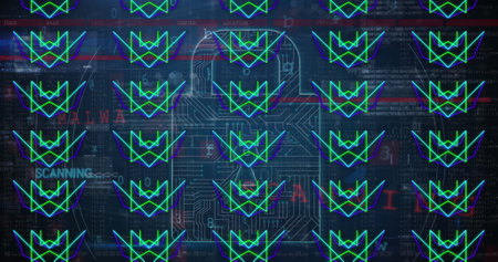 Image of data processing, online security padlock and circuit board. Online security, computing,...