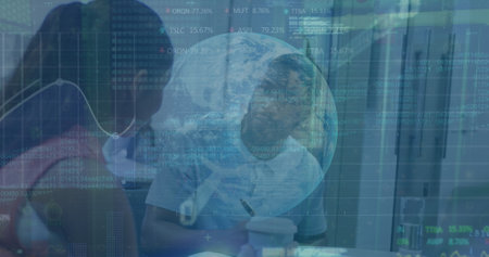 Image of stock market data processing and african american male and female colleagues discussing. Global economy and business technology conceptの写真素材