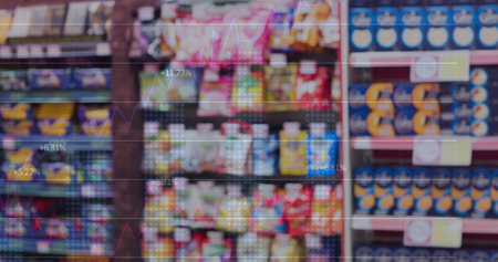 Image of financial data and graphs over blurred market. Shopping, food, finance and economy concept digitally generated image.の写真素材