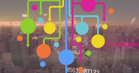 Image of data processing over shapes and cityscape. Global business and digital interface concept...
