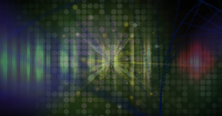 Image of dna strand over light spots on black background. Global science, technology and digital...
