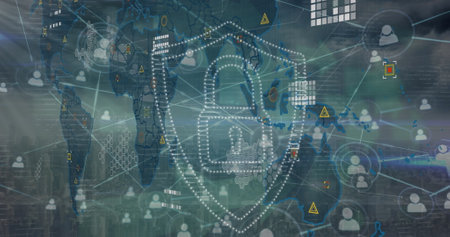 Image of security padlock icon and data processing over world mal and network of profile icons....