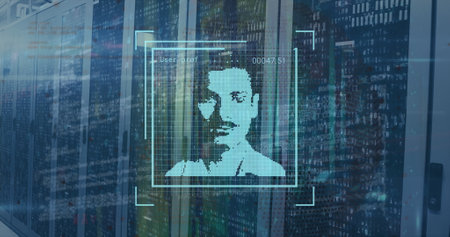 Image of multiple people drawings in squares, lens flares and bars over server room. Digital composite, multiple exposure, non-fungible token, data center, networking, technology, network server.の写真素材