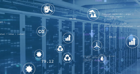 Image of eco icons and data processing over computer servers. Global computing, digital interface...